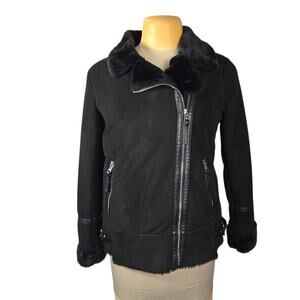 Lauren Ralph Lauren Womens Medium Jacket Faux Shearling Aviator Moto Biker Black